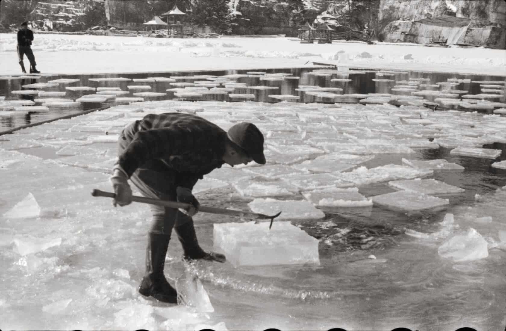 Man Harvesting Ice on Lake Mohonk in 1939