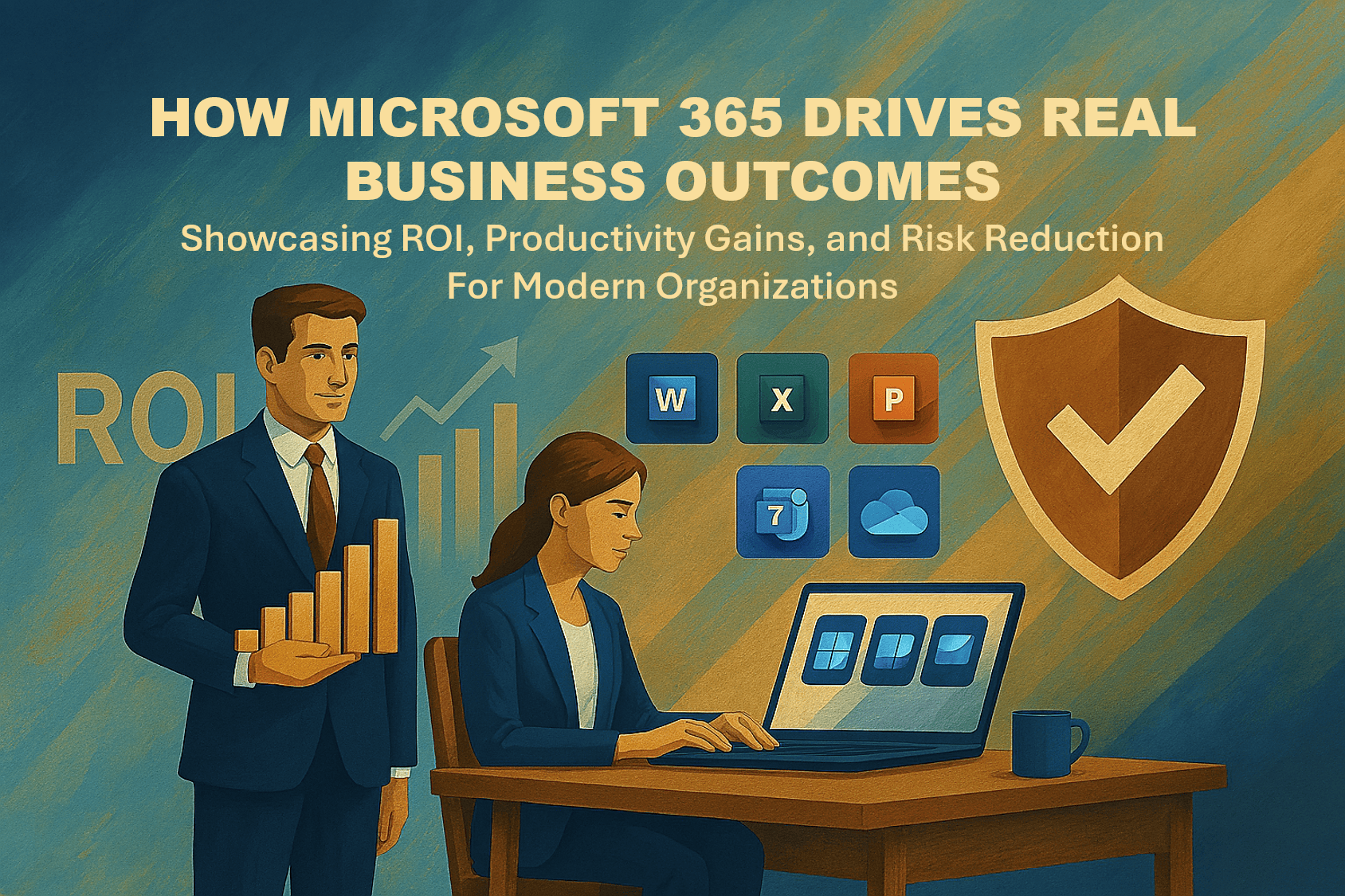 Illustration promoting Microsoft 365 business outcomes with the text How Microsoft 365 Drives Real Business Outcomes, featuring productivity icons for Word, Excel, PowerPoint, Outlook, and OneDrive, a large shield with a checkmark, and professionals working on a laptop with ROI and growth charts.