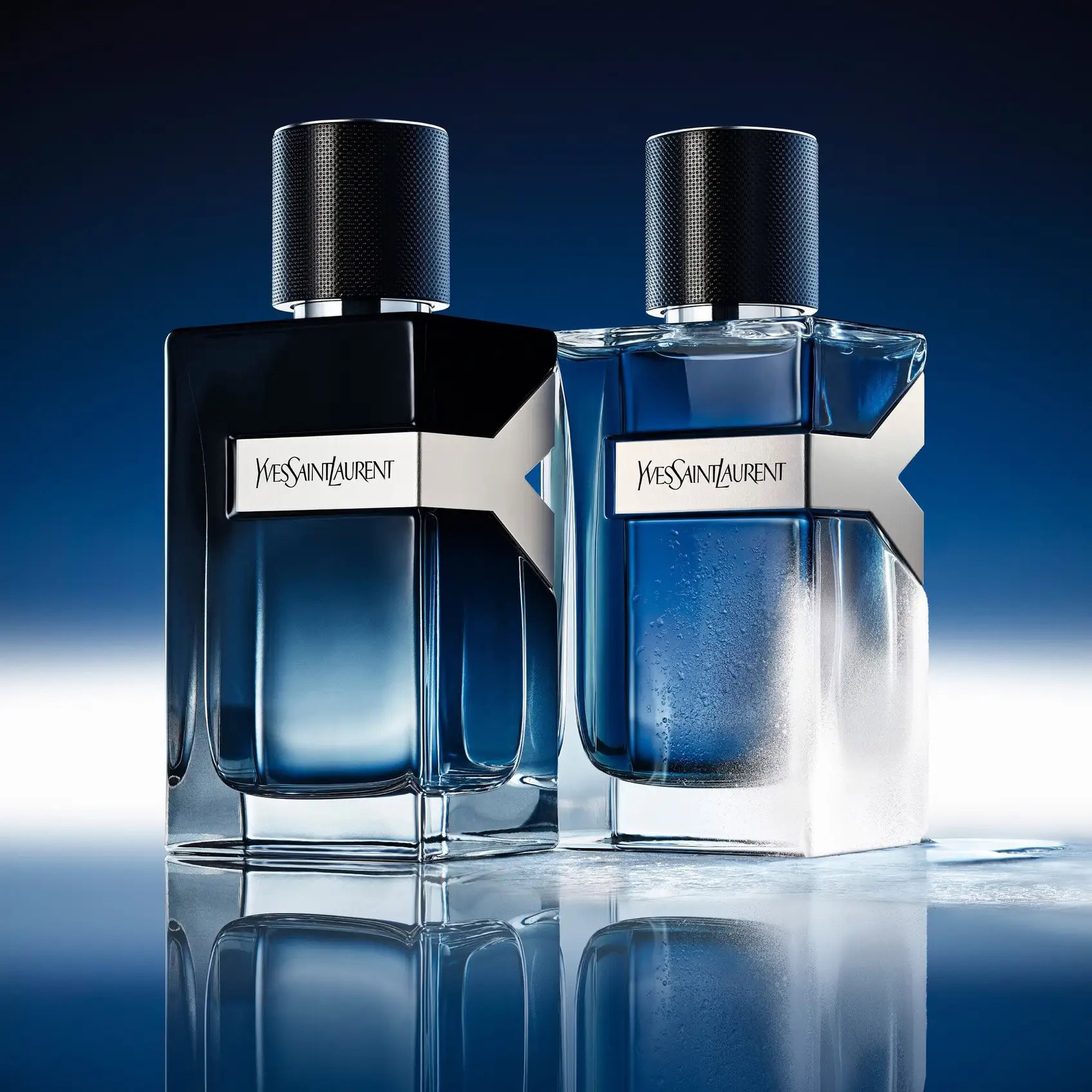 ysl y iced cologne eau de toilette intense offers a chilled aromatic profile with ice mint, arctical™m, moroccan mint tea, blue sage, ambrosia, and patchouli in suzanne dalton’s ice blue design