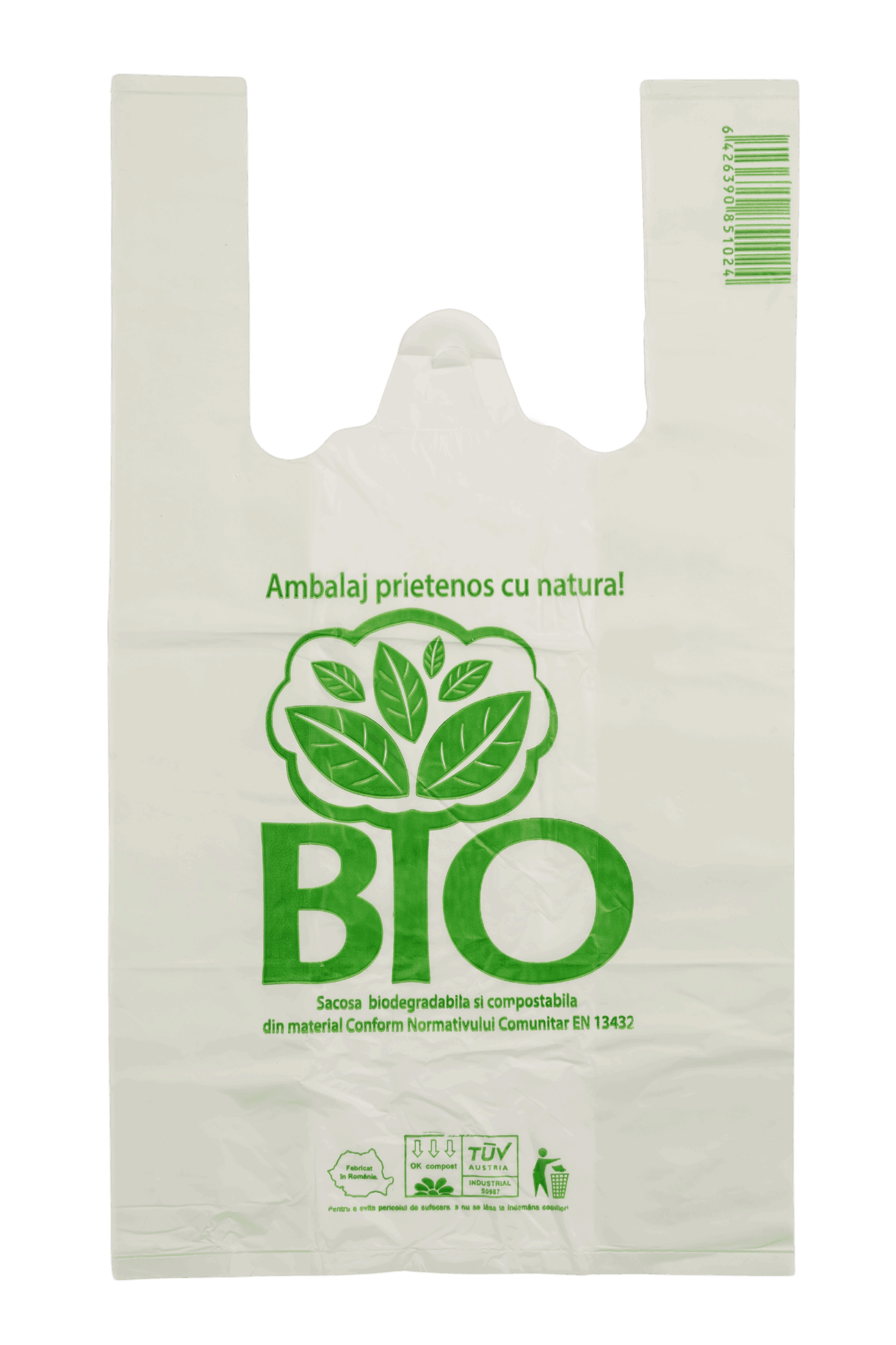Sacosa biodegradabilă tip maiou 23 cm x 40 cm, pliu 8 cm, 15 microni – Ambalaj eco-friendly, set 100 bucati