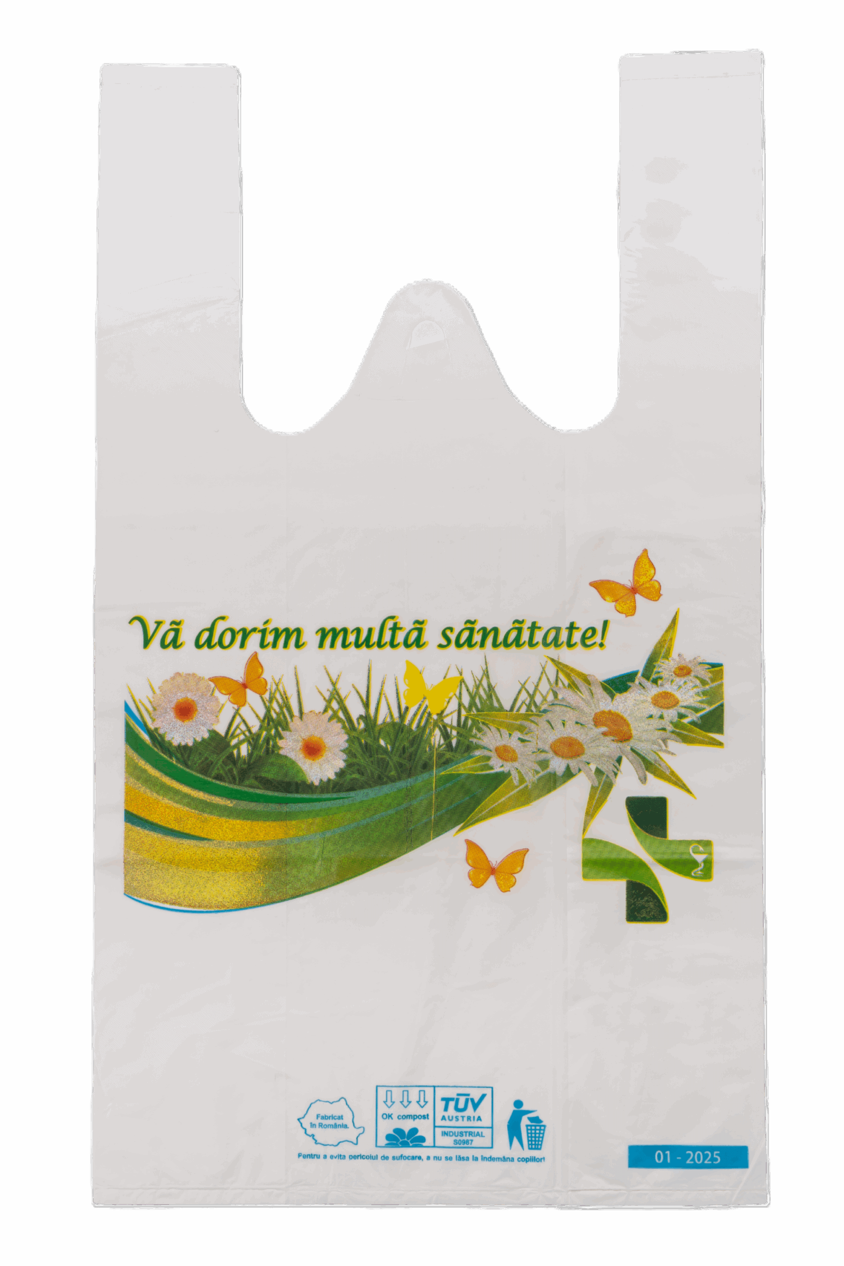 Sacosa biodegradabilă tip maiou pentru farmacii – 23 cm x 8 cm x 35 cm, 15 microni, set 100 bucati