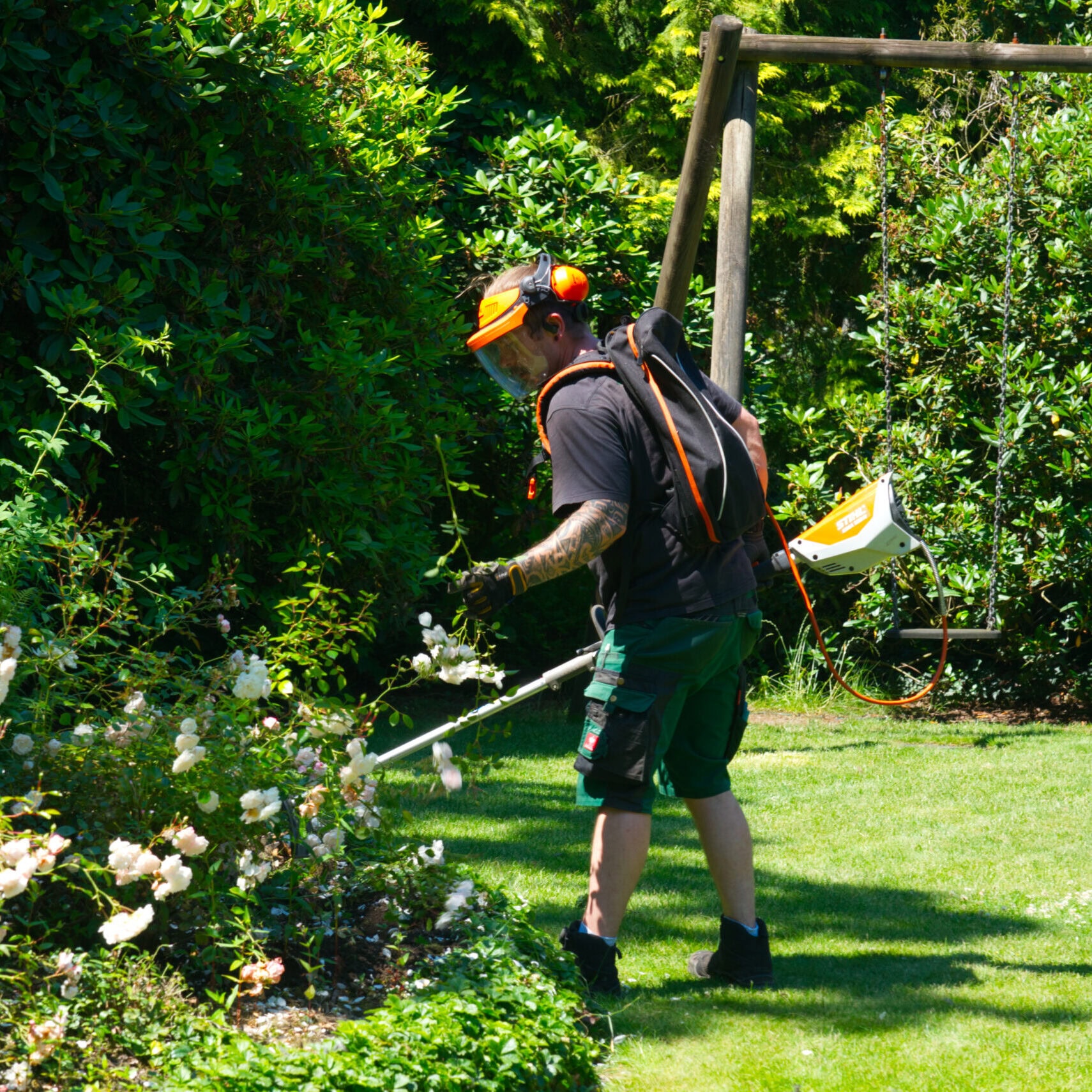ein Gärtner bedient einen Stihl Freischneider mit einem Akkurucksacksystem und schneidet eine Beetkante