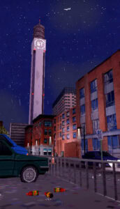 Pixelated night scene with BT Tower under a starry sky, urban surroundings, and soda bottles littered on the wet ground near parked cars