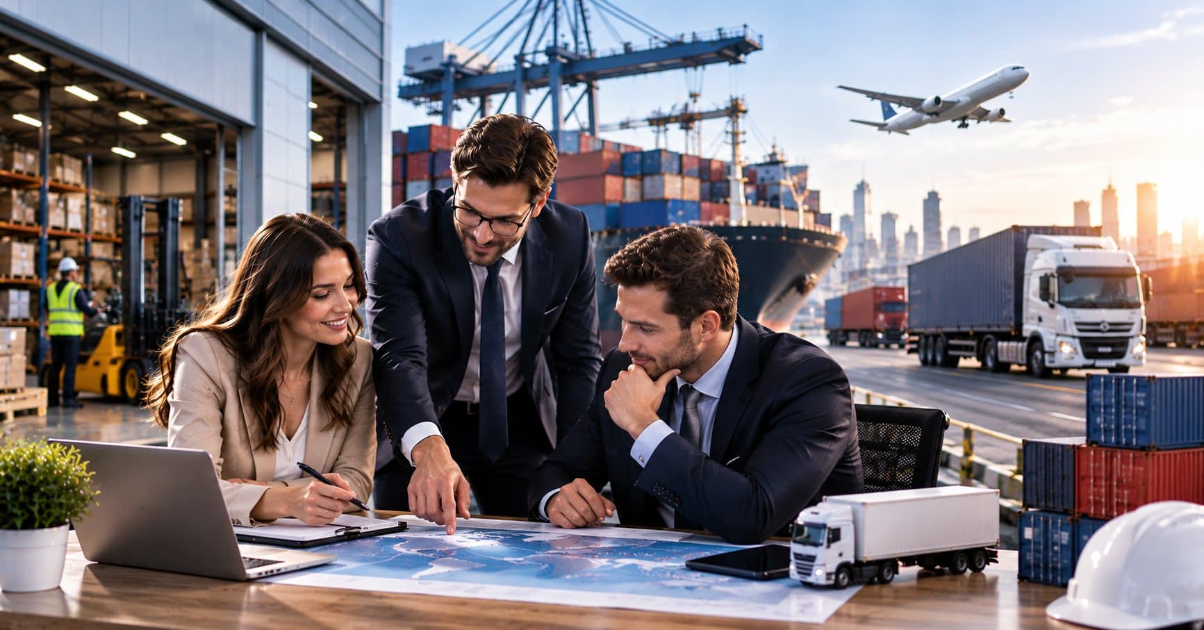 Logistics PR agency UK - a logistics team planning a media campaign in a London office overlooking container ships, cranes, freight trucks and Westminster
