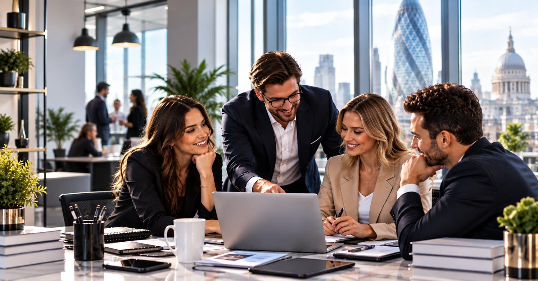 Recruitment PR agency UK - a recruitment team reviewing a media campaign in a London office with the City skyline behind them