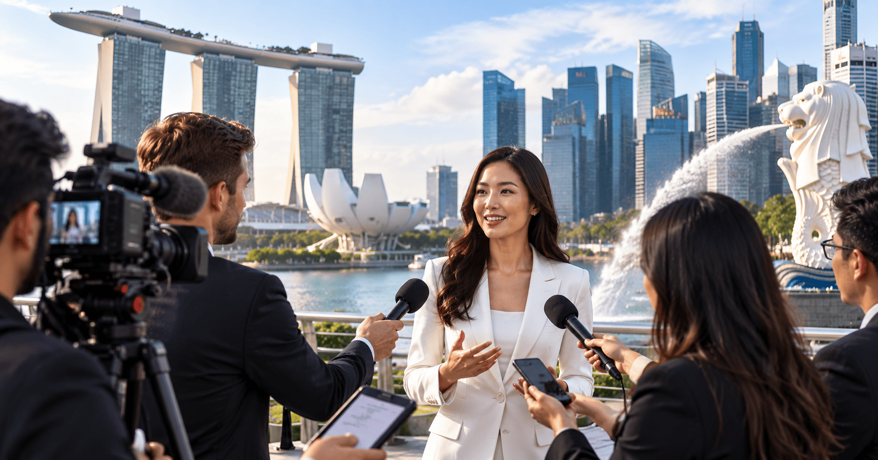 Founder giving a press interview at Marina Bay, Singapore, surrounded by journalists and cameras