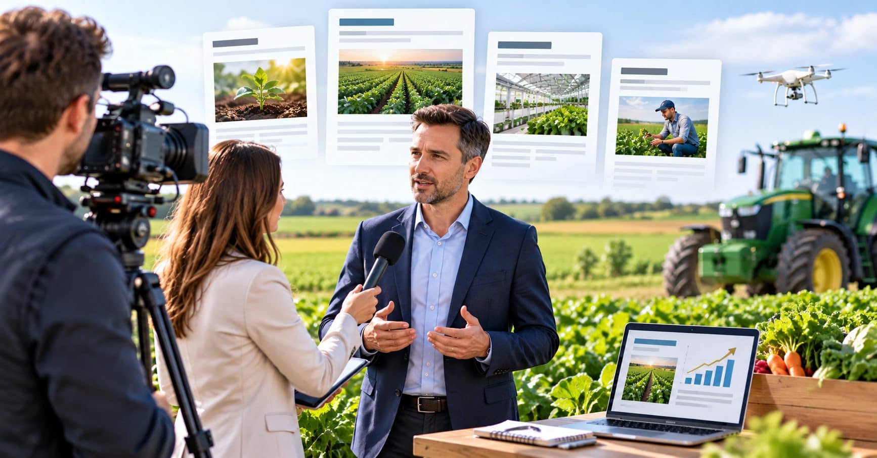 Agriculture PR agency UK: a farm business owner being interviewed by a TV crew in a field, with published farming news articles and a tractor behind