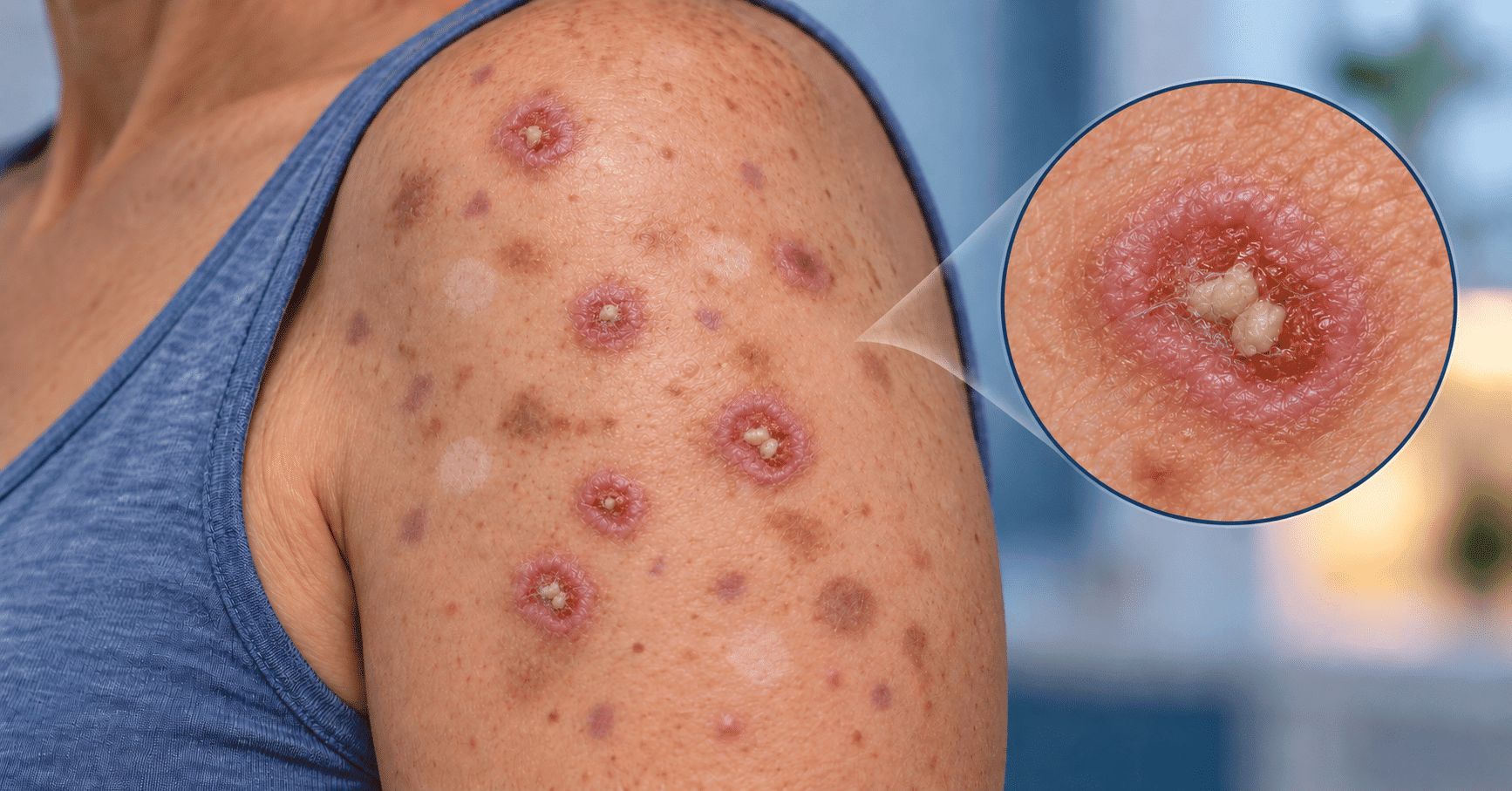 Editorial illustration of mixed-pigment ulcerated lesions with raised borders, white nodules, purple spots, and extremely fine short filaments.