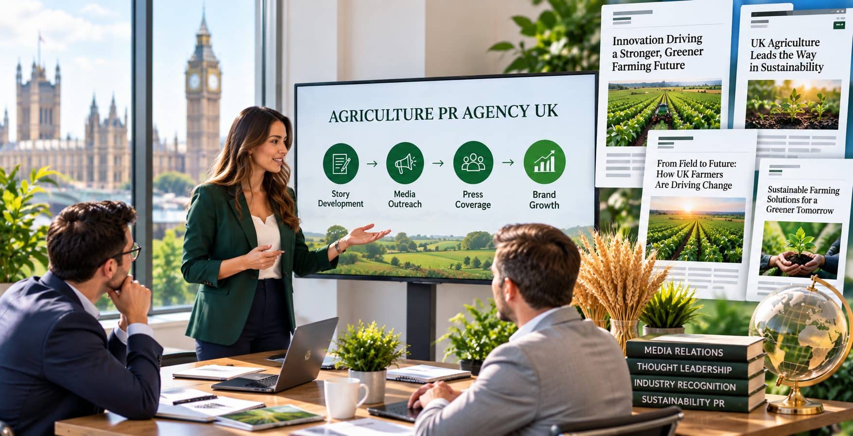 Agriculture PR agency UK strategy meeting in a London office: story development, media outreach, press coverage and brand growth for farming businesses