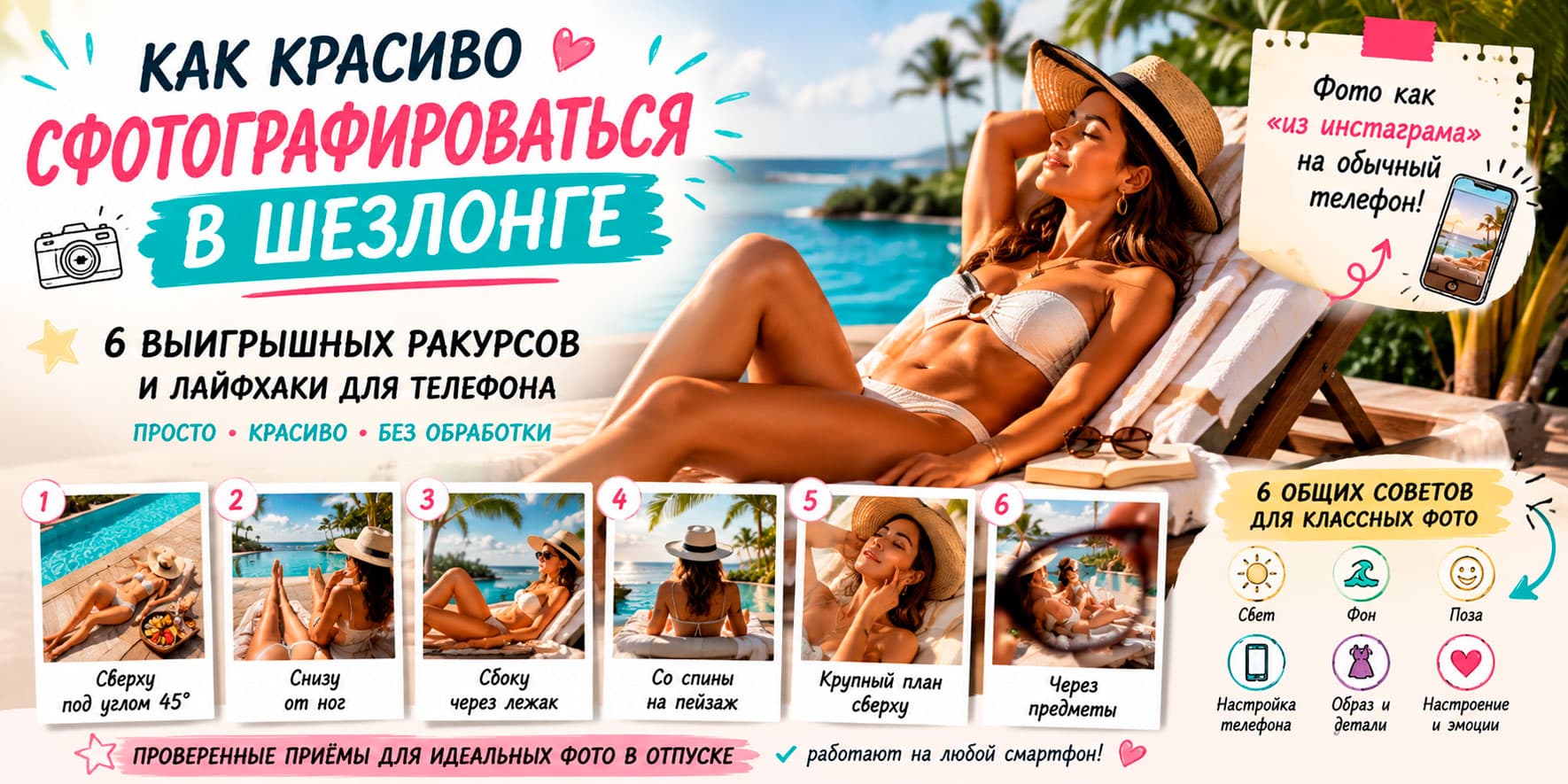 Как красиво сфотографироваться в шезлонге: 6 выигрышных ракурсов и лайфхаки для телефона