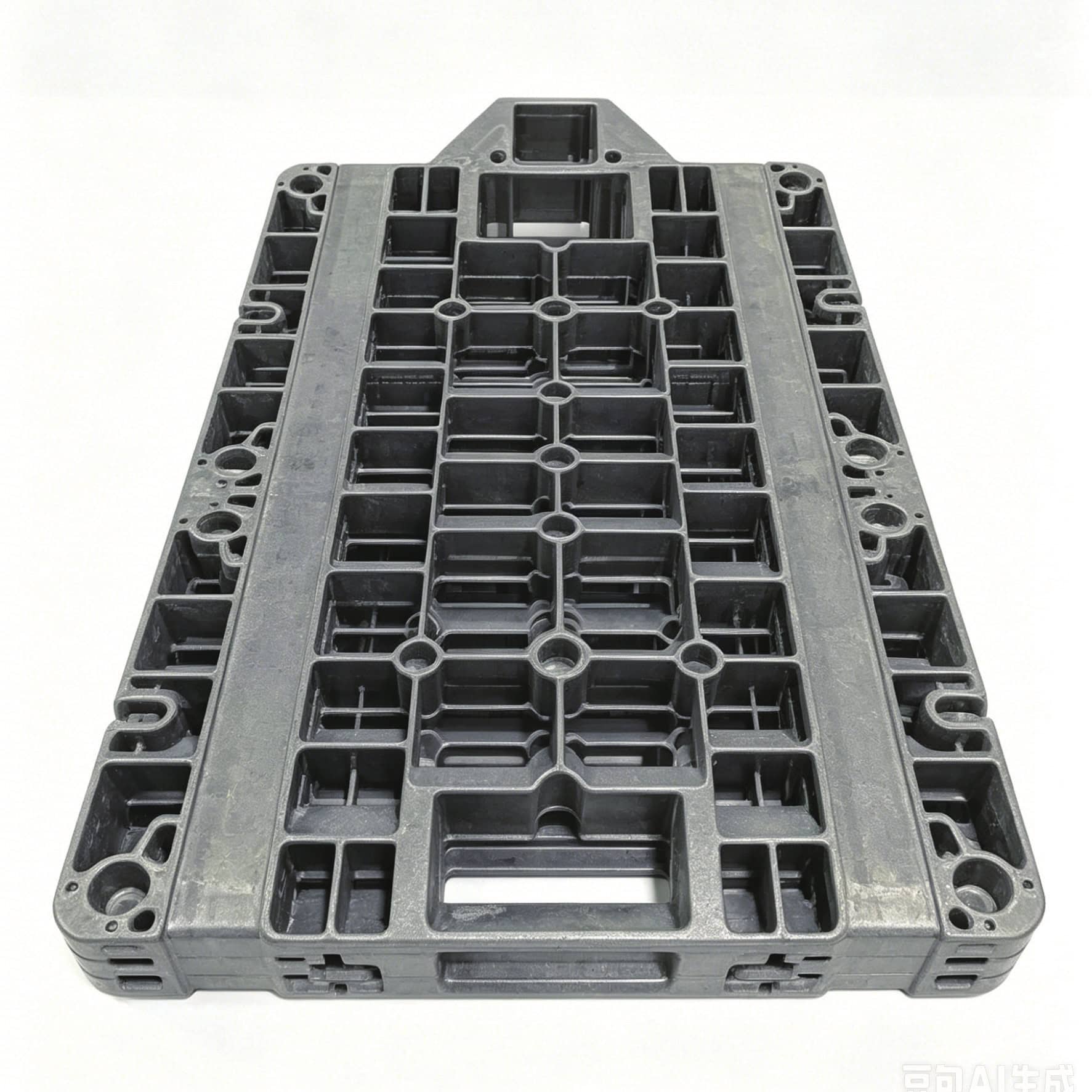 Rectangular heat treatment tray with reinforced longitudinal ribs and an open grid