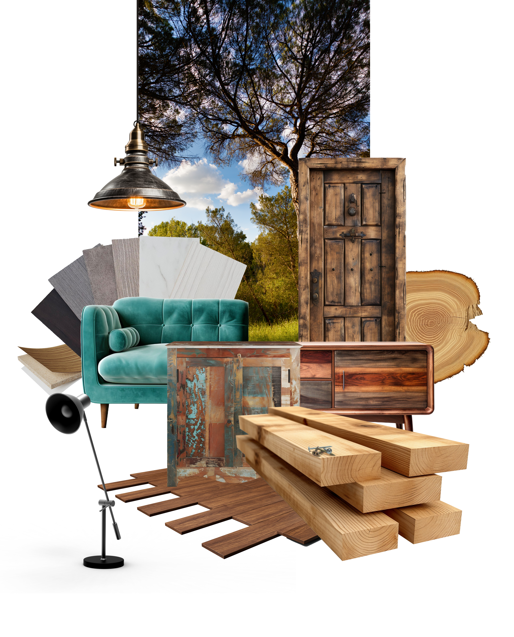 En la imagen se muestra todo lo que se puede encontrar en nuestras instalaciones: maderas, muebles, lámparas, suelo, tableros y ferreteria