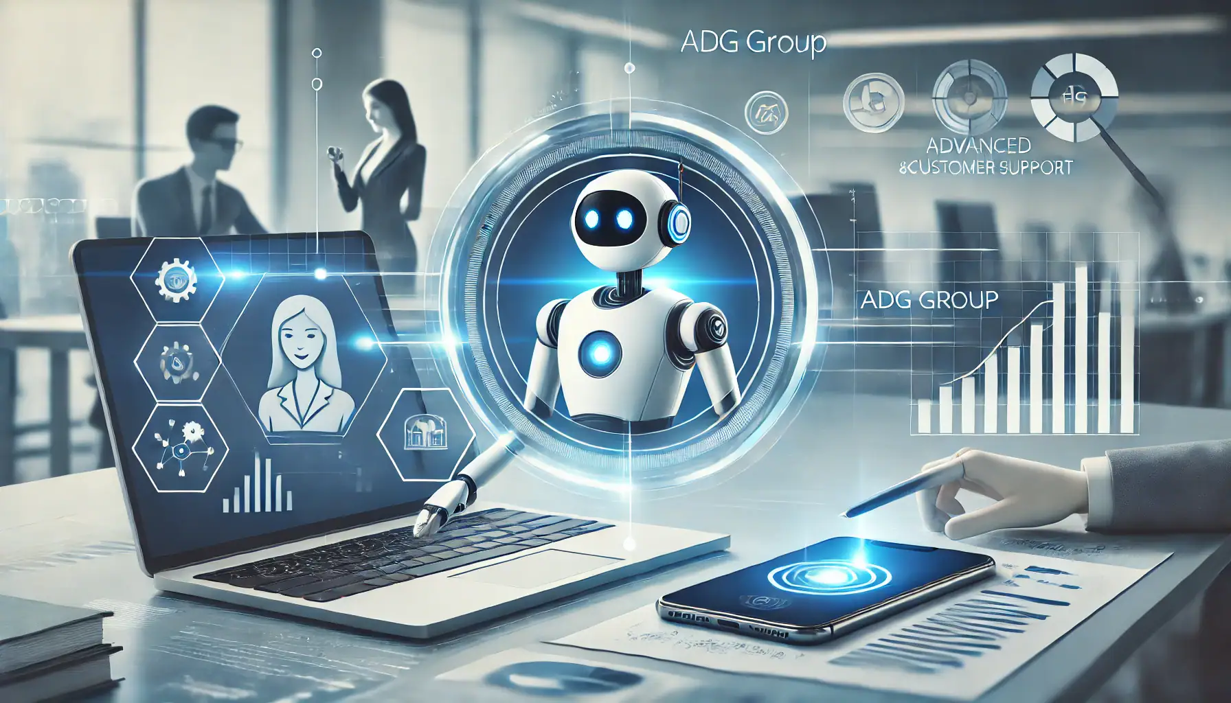 DALLE 2025-01-21 151142 – A professional and modern illustration showcasing an advanced AI-powered chatbot interacting with customers on a laptop and smartphone screen The des