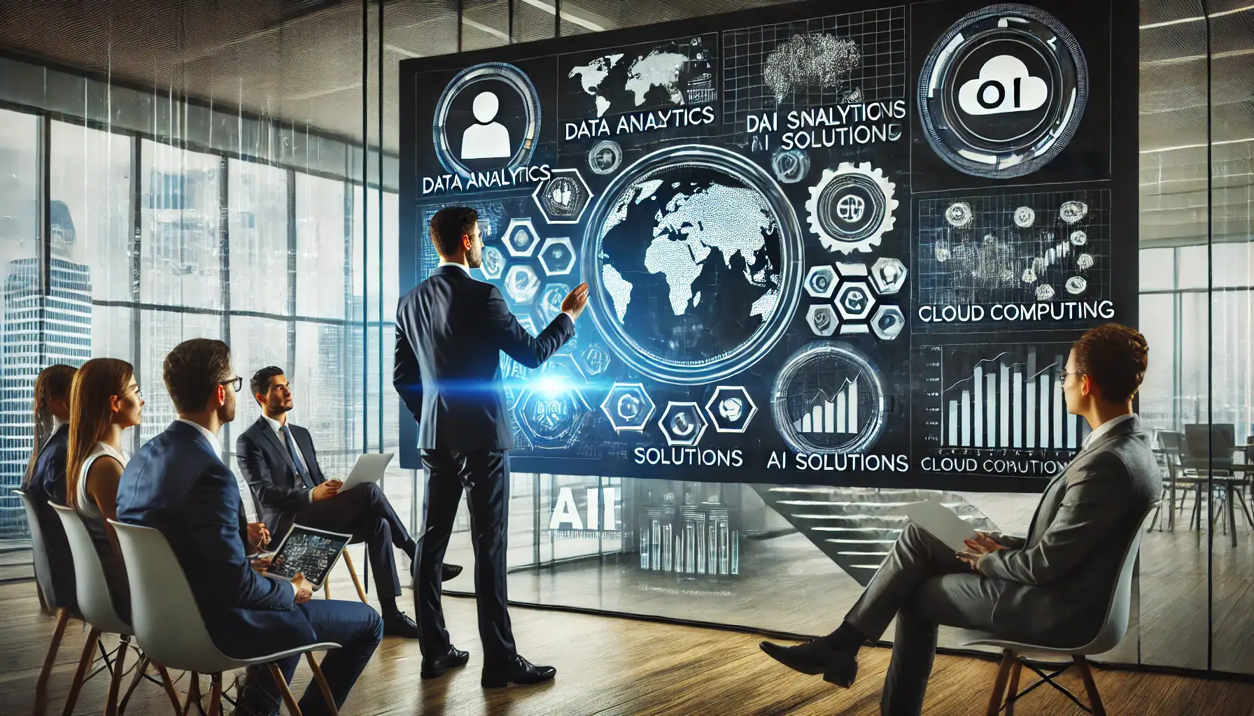 DALLE 2025-03-06 121551 – A professional business consultant presenting technology-driven growth strategies to a team in a modern office The image features a digital screen di