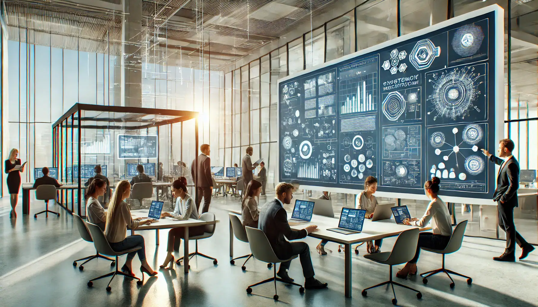 DALLE 2025-03-10 124409 – A modern technology workspace showing a diverse team of professionals collaborating on digital product development The scene includes people working
