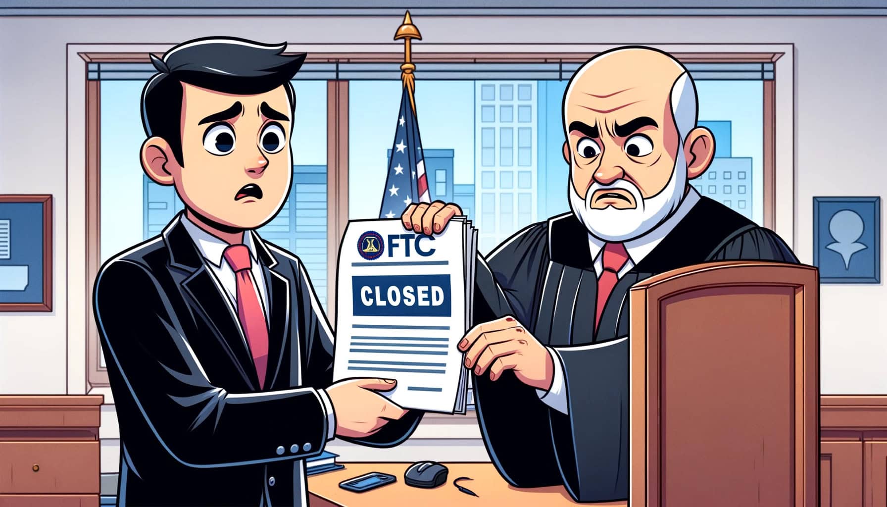 judge handing document of closure by FTC to businessman