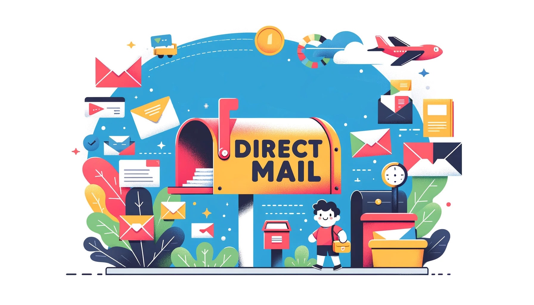mailbox with flag up that says "direct mail" surrounded by letters, bags, and boxes of letters