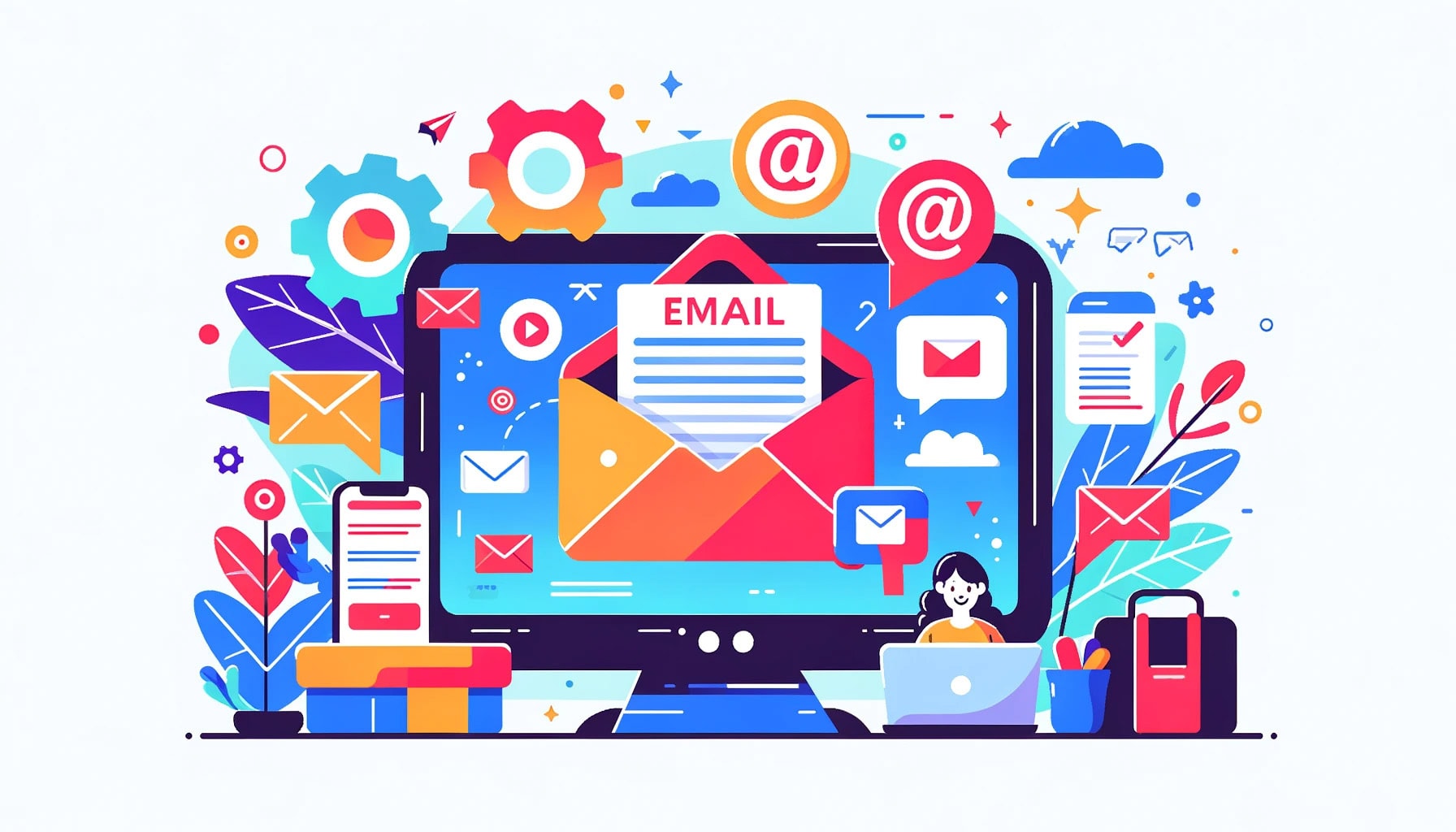 "email" written on a letter sticking out of an envelope on a computer screen, @ symbols, gears, and inboxes surrounding