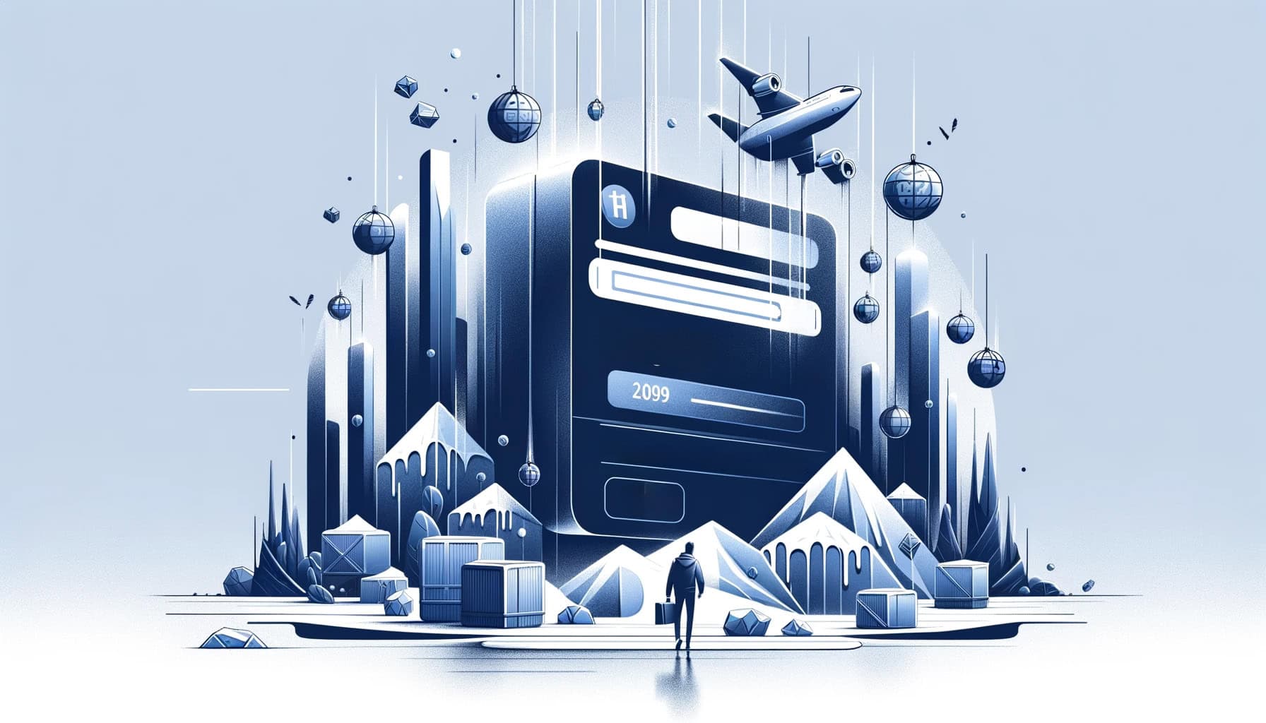person standing in front of a winter scene displaying a website, airplane, and other business graphics covered in ice, blue color scheme