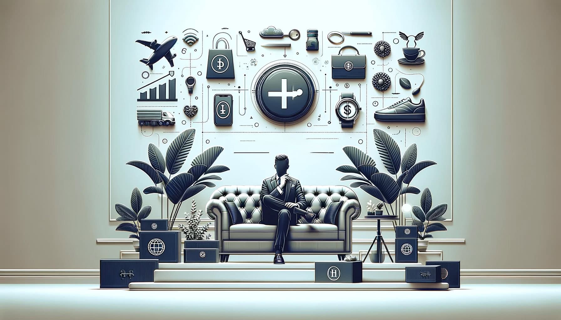 person sitting on couch with plants and a wall covered in ecommerce products