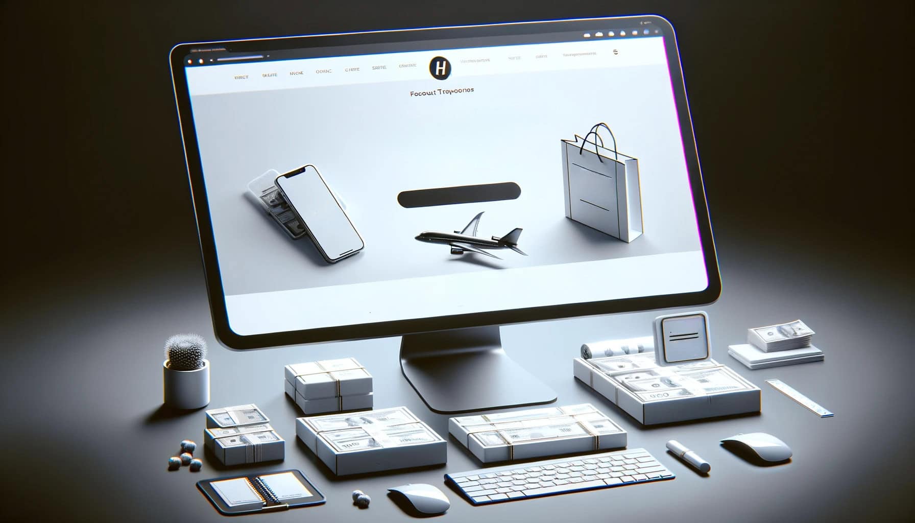 computer screen showing landing page of ecommerce store with stacks of money on top of a desk 