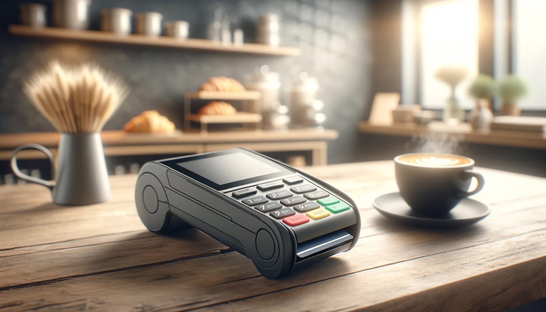 credit card reader on the counter of a coffee shop