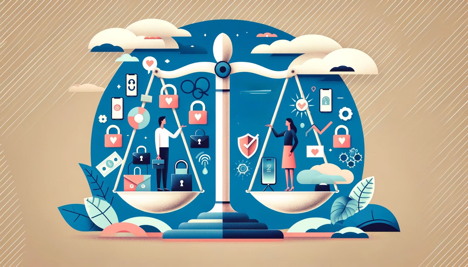 balance with man on one side and woman on the other with various tech symbols all around