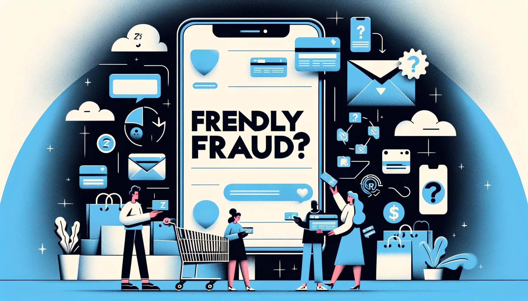 cartoon of small people in front of a giant phone with cloud and payment symbols all around