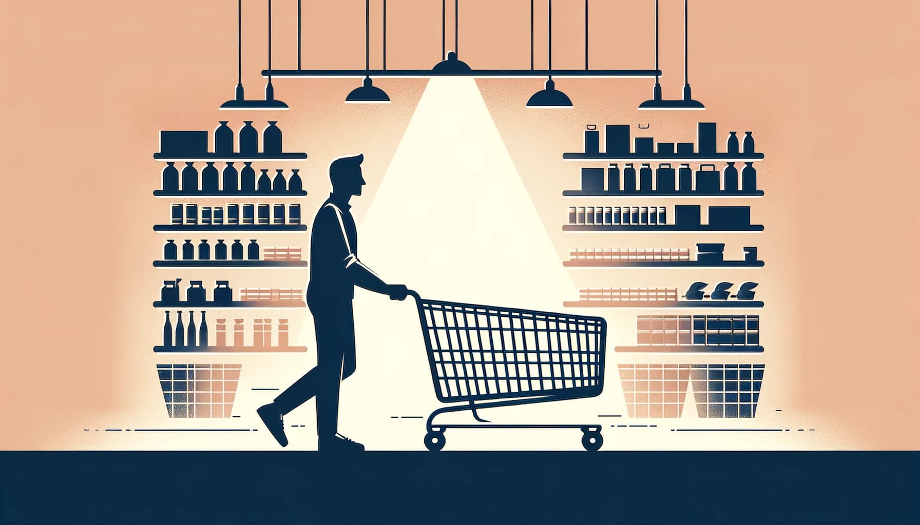 man pushing shopping cart between two aisles