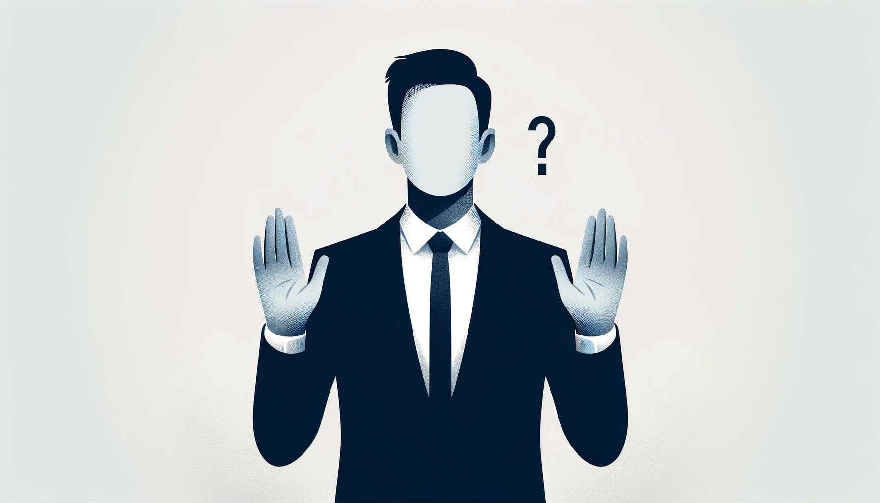 faceless man in suit and tie holding up hands with question mark