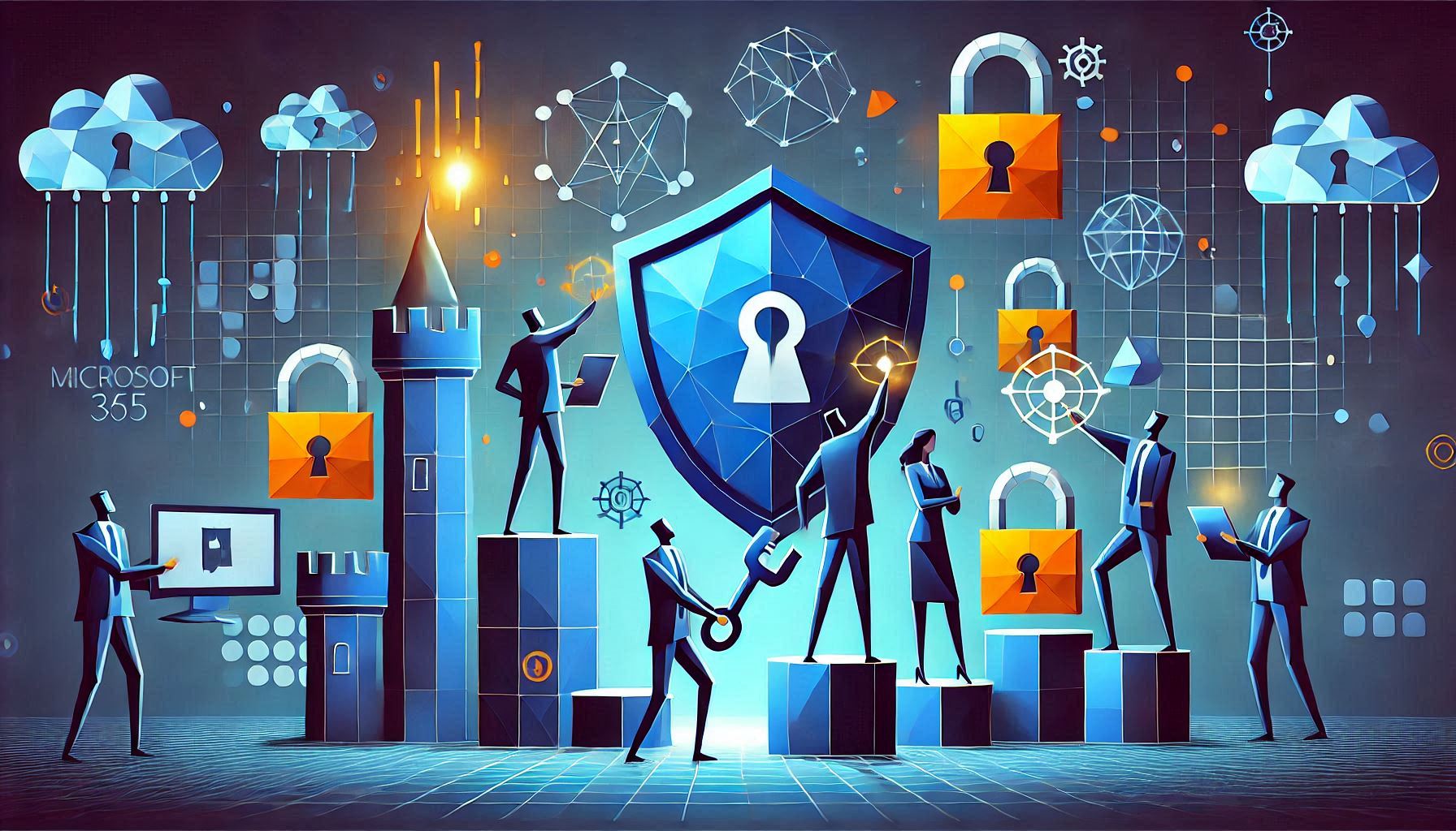 An image with a shield and lock in the center with indications that Microsoft 365 is being fortified and secured.