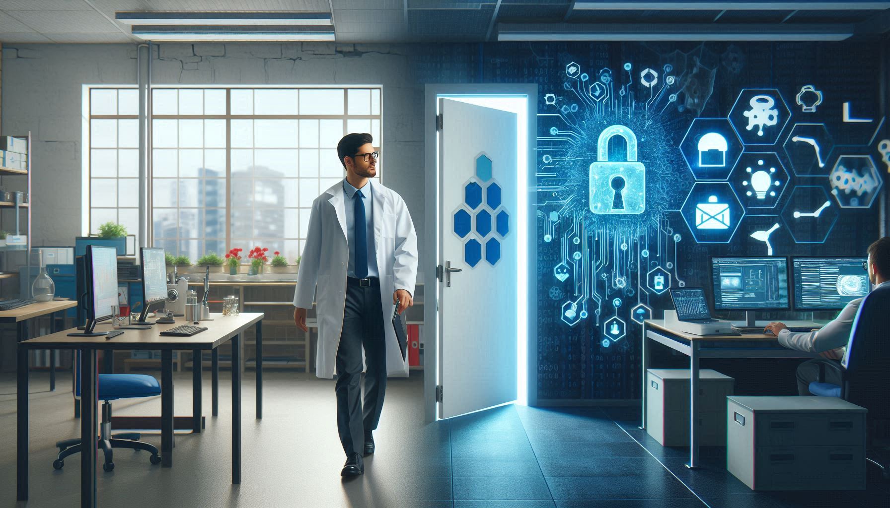 A man in a lab coat enters a high-tech room with digital security icons on the wall.