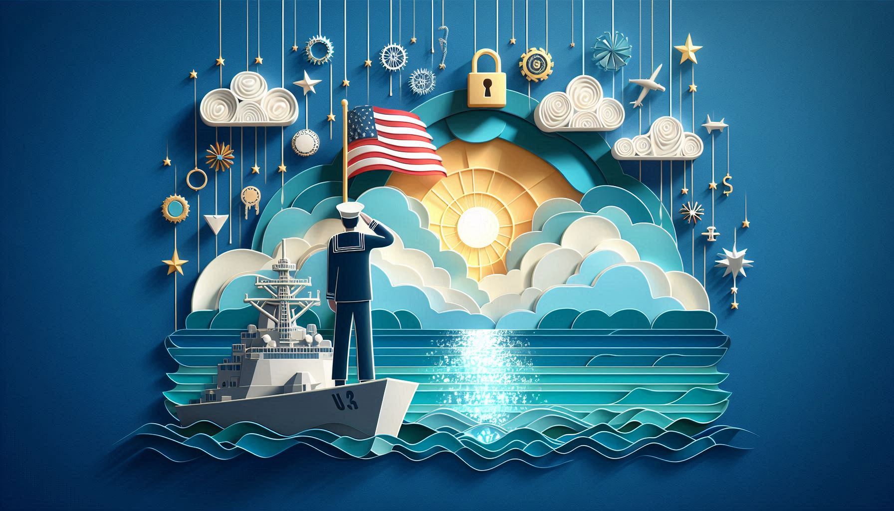 An image of a sailor standing on the bow of a US Naval cruiser. Saluting the flag in front of the gleaming sun and calm waters.