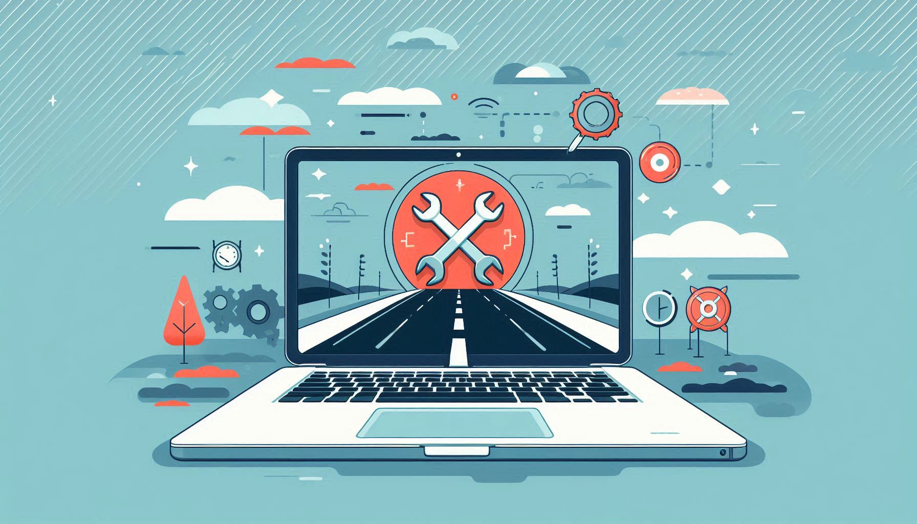 An image of a laptop with an open road on the screen and two wrenches in a red sunset behind it implying maintenance on a teal background with clouds, trees, and technology icons.