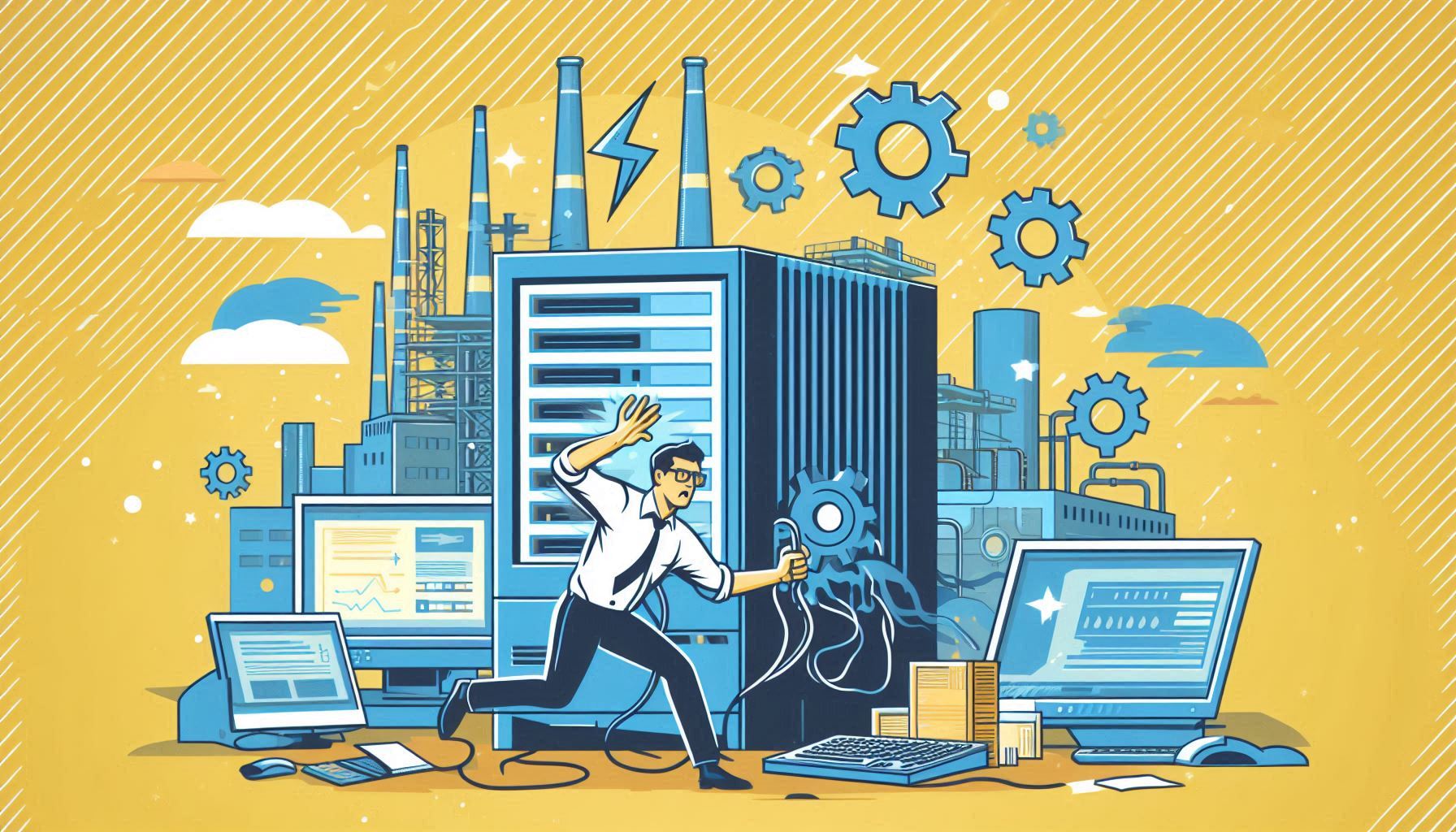 Flat illustration of an old computer system that is barely functioning and powering modern devices and business operations and manufacturing production lines that currently serves as a single point of failure for the business. Show a technician trying frantically to prevent the old computer system from failing and a grain effect in blue and yellow.