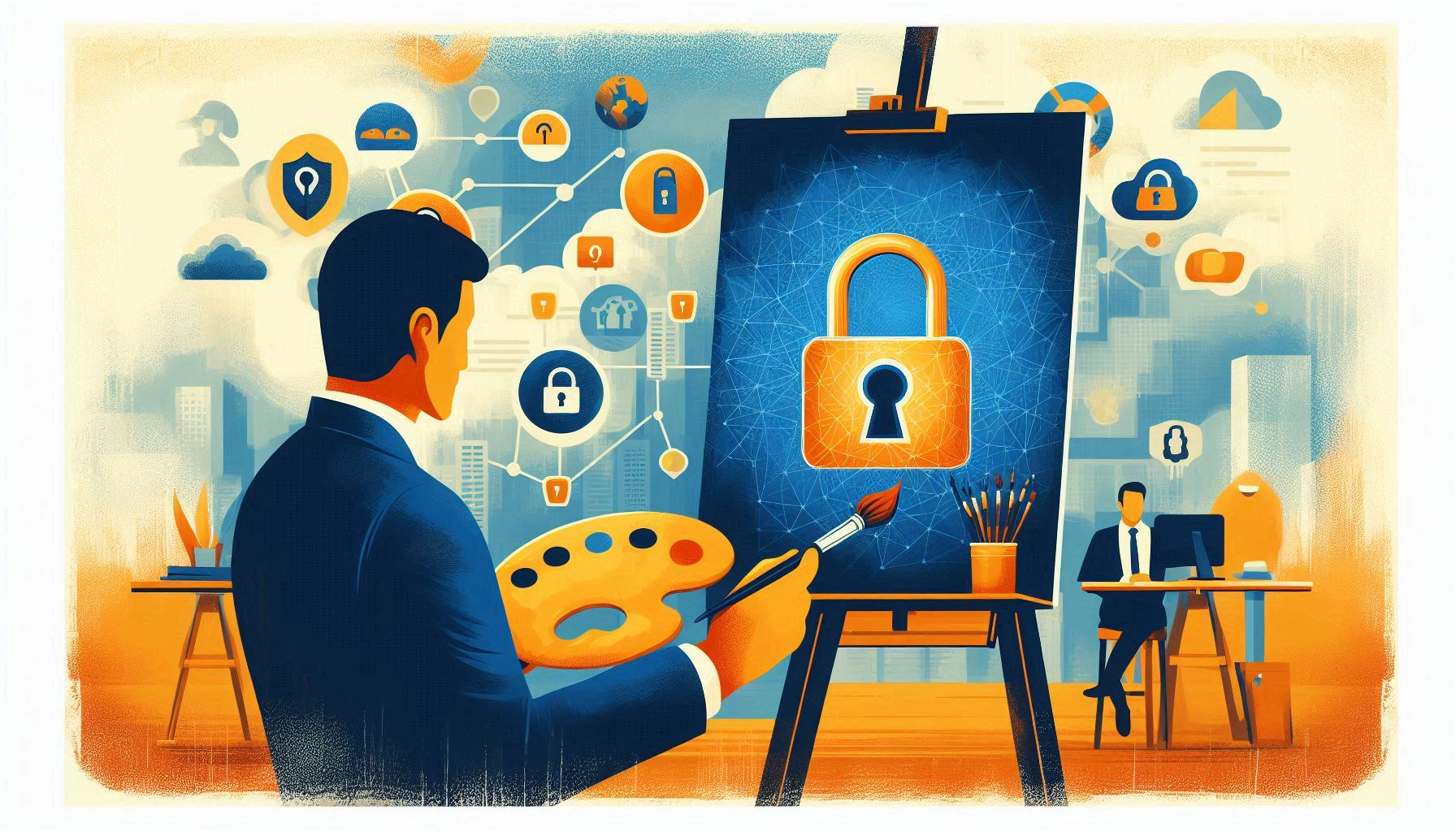 Flat illustration of an illustration that has an artist looking at you with a paint pallet and brush in hand but instead of bristles at the end of the brush replace it with a padlock icon representing cybersecurity. In the background make it a business office space and include cybersecurity related imagery with a texture applied and a grain effect in blue and yellow.