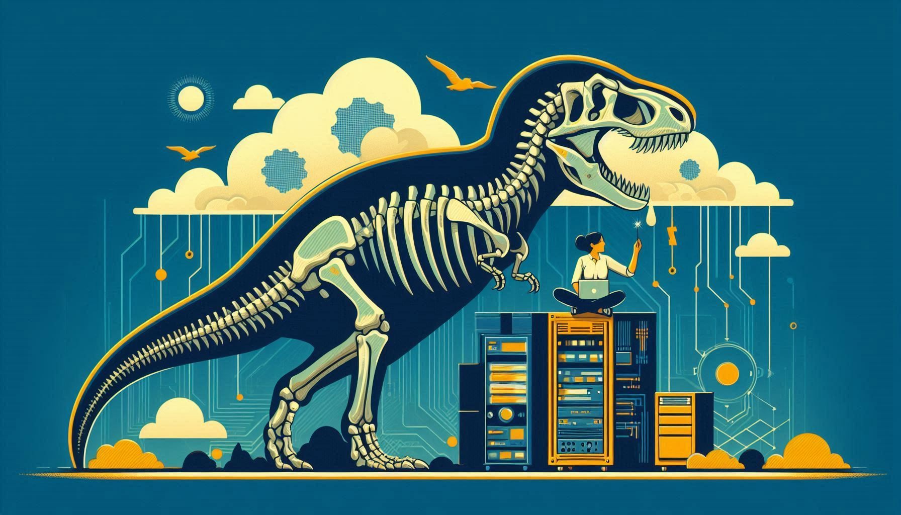 A blue-teal background with white clouds with gears representing cloud technology a dinosaur with an IT implies updating the cloud as if on-premise.