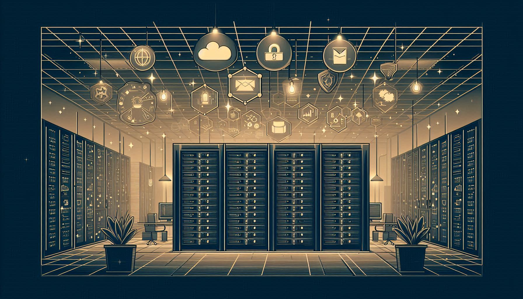 A minimal vector style illustration of a dimly lit server room with twinkling lights from the servers in a large corporation's office space, floating around or near the servers are icons representing project management, cybersecurity, messaging & collaboration, compliance, endpoint security, email marketing, and cloud storage in vintage colors.