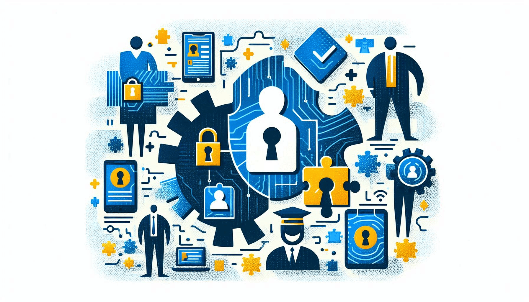 An abstract image of various teams within an organization keeping security separate using colors of black, blue, and gold.