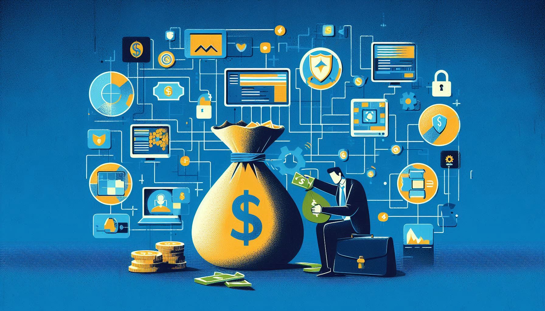 An image depicting poor attention to ongoing system care. Thinking Security is a One-Time Fix Instead of a Regular Routine on a blue background and various systems present with money being spent.