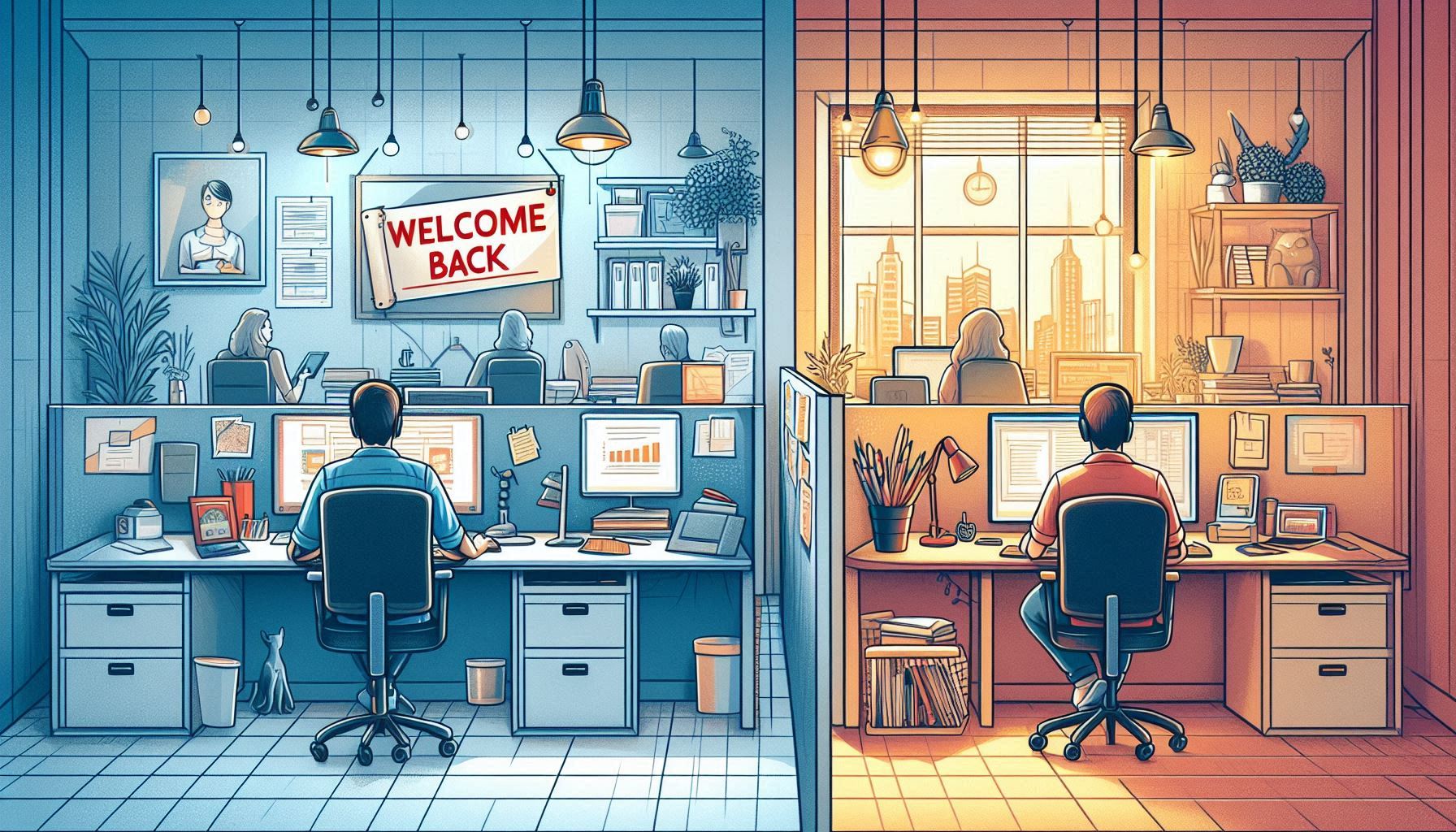 This is an illustration of the debate of remote work. On one side a traditional office setting and on the other a comfortable home office.