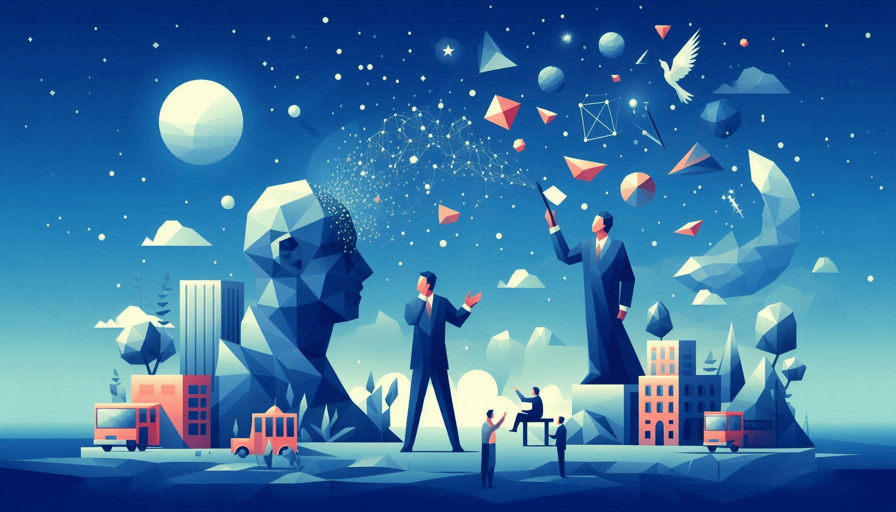 This image is a visual representation of "The Myth of Full Responsibility" in a low poly art style.