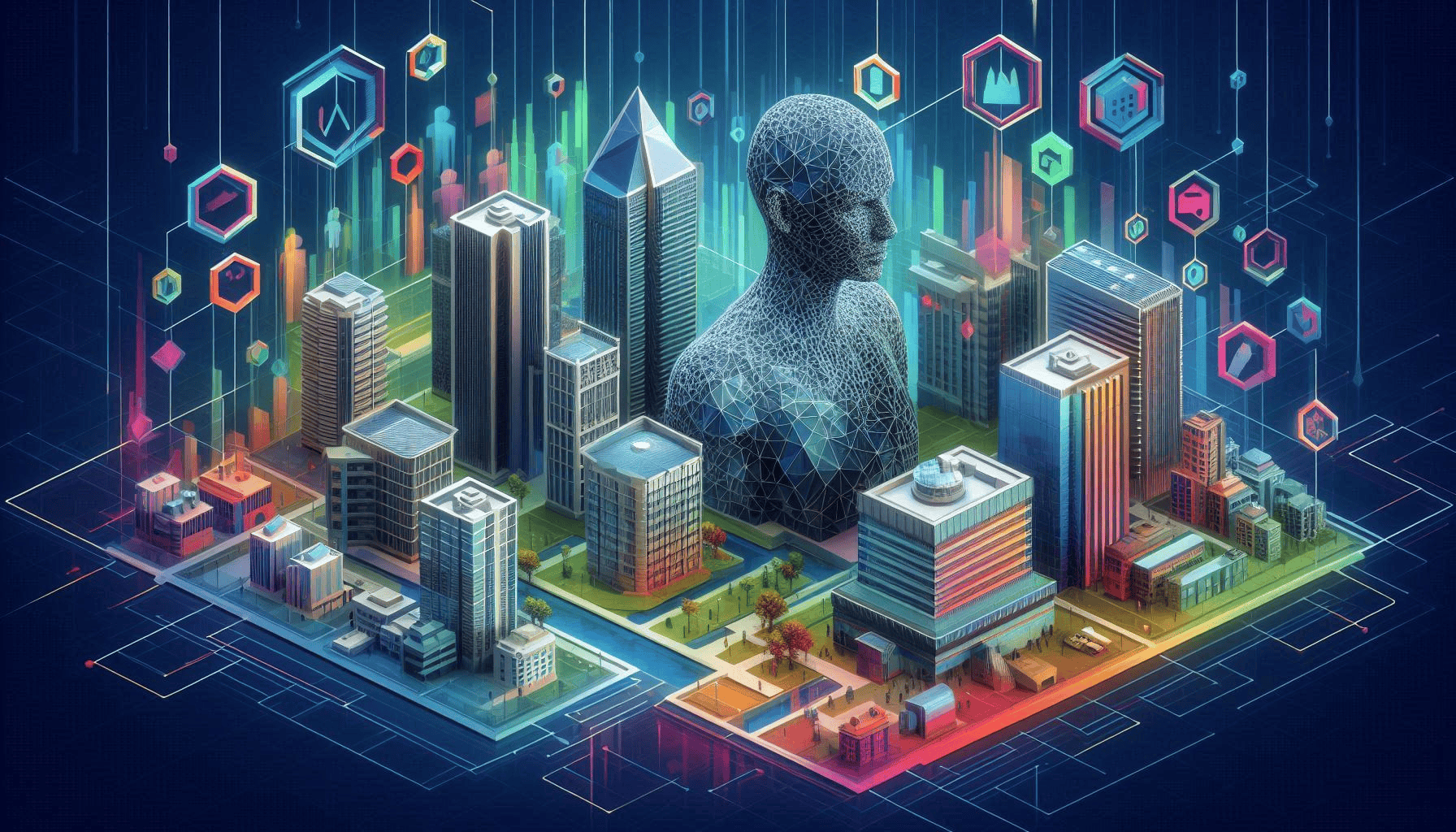 A low poly cityscape with a secure, futuristic building symbolizing data protection and compliance, surrounded by Microsoft 365 icons and a figure guiding data streams. Represents Jadex Strategic Group's cybersecurity solutions.