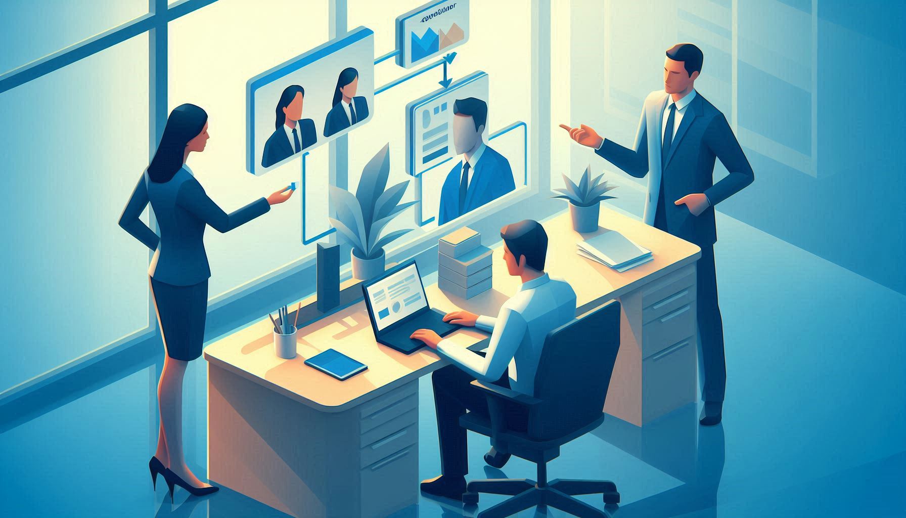 An image of a modern office space with remote works and supervisor unsure of their objectives.