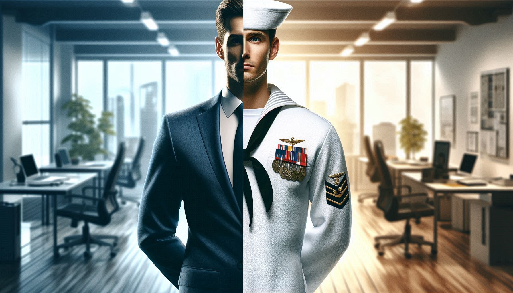 This image depicts a vertical split screen one side a modern businessman on the other the same individual dressed as a US Navy sailor and veteran.