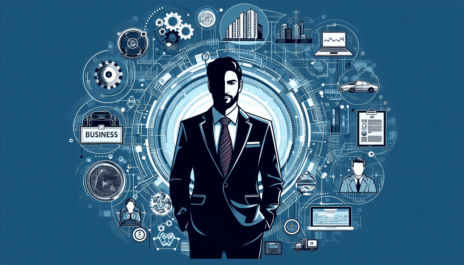 This is an image of a business person surround by icons associated with various industries and cybersecurity.
