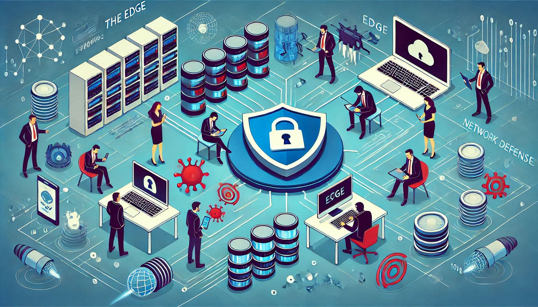 An image depicting traditional network security for a business with new threats lingering at the edge like smart devices and cell phones.