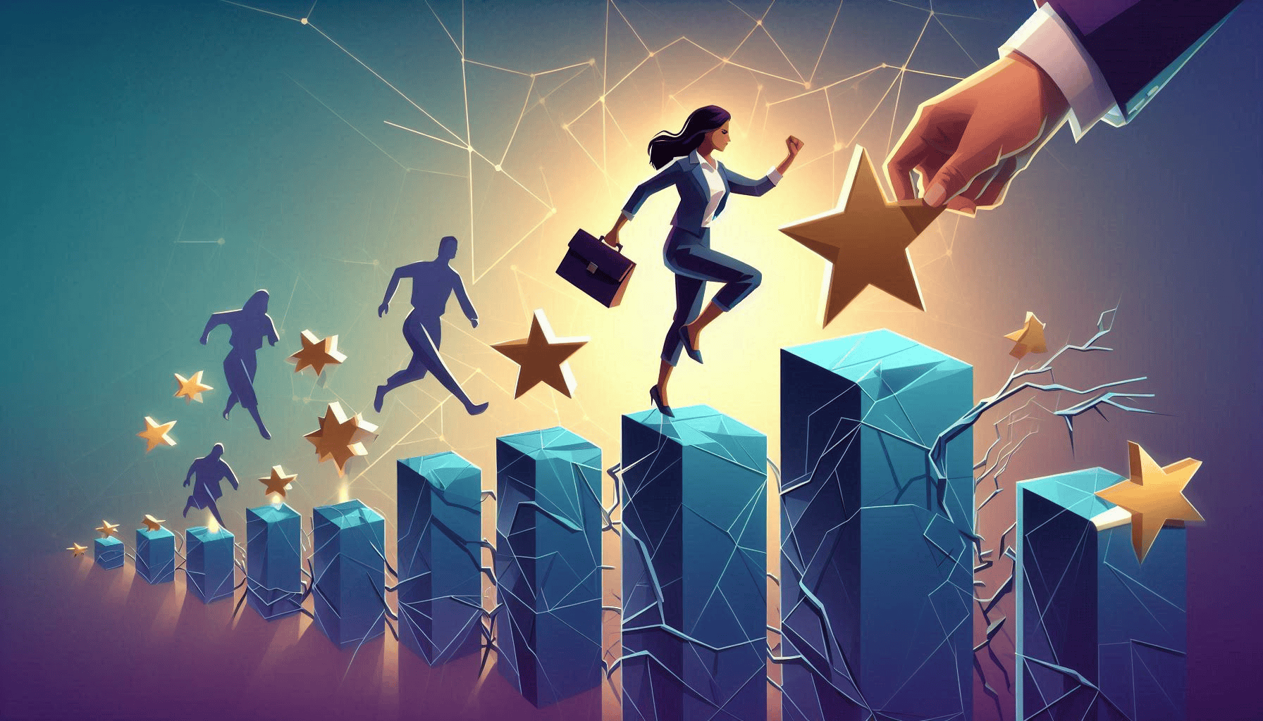 Business high performers climbing a star chart, depicting the obstacles high performers encounter in the workplace.