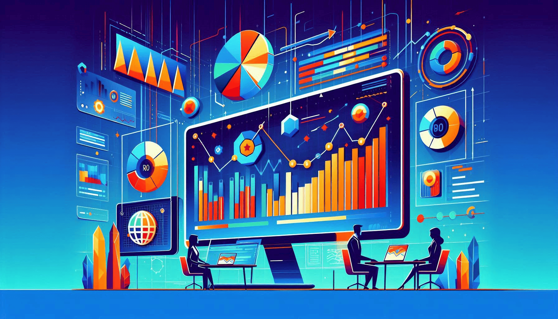 Business professionals collaborating on a computer, analyzing graphs and charts for Microsoft 365 Copilot strategic decision-making.