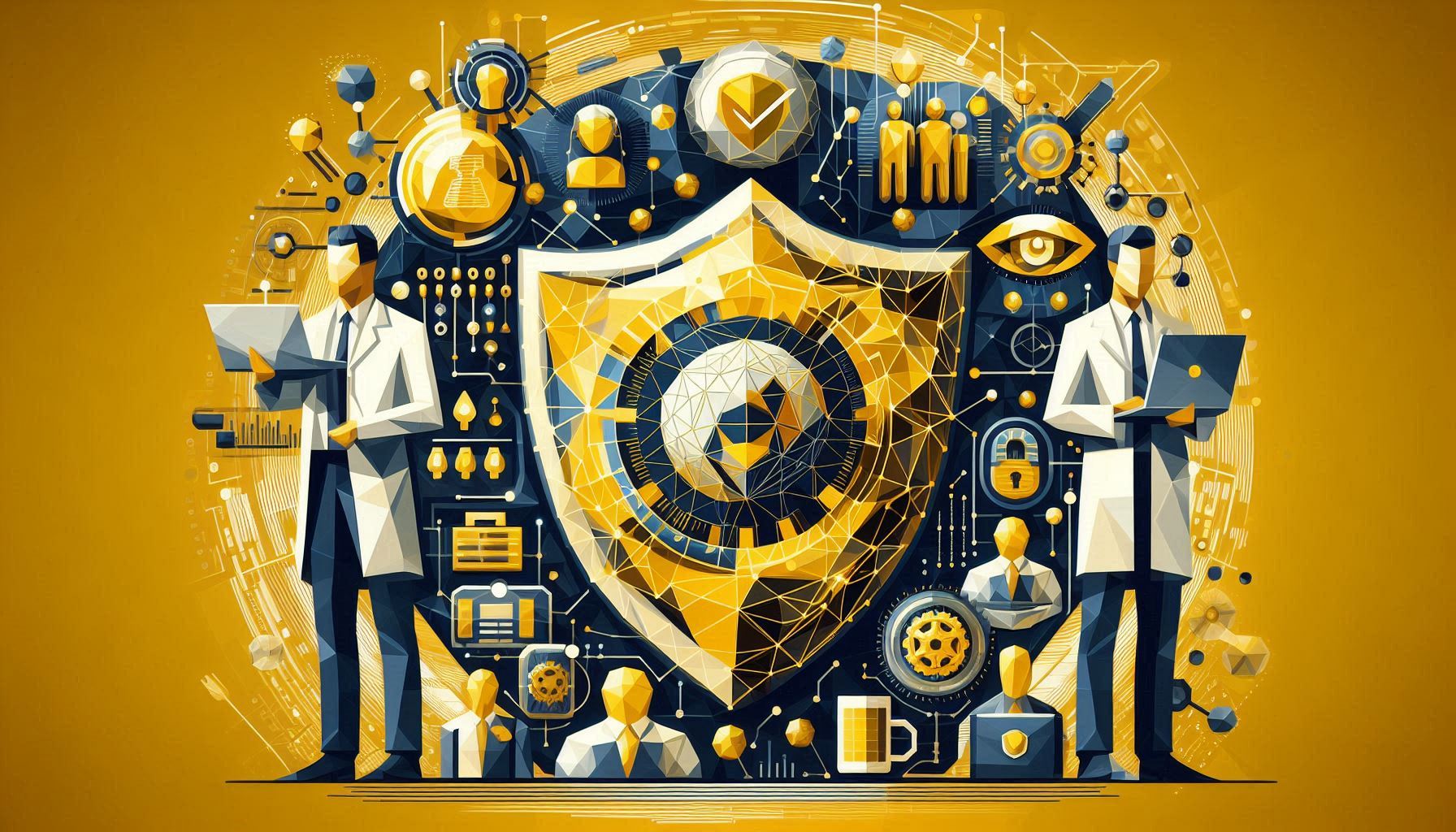 A group of people stands around a shield with icons, symbolizing security in AI implementation, as discussed in Jadex's blog post.